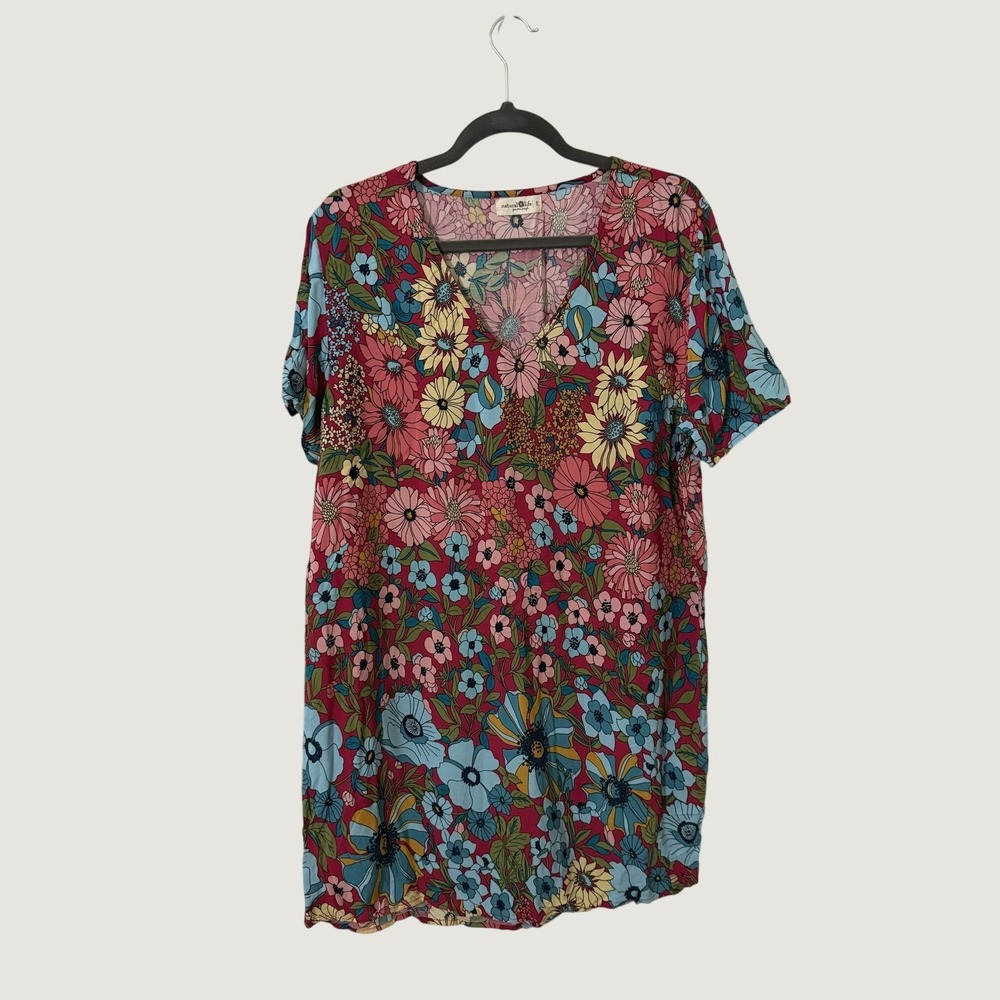 Natural Life Floral V-Neck T-Shirt Dress Short Sleeve Pink Blue Boho Womens S